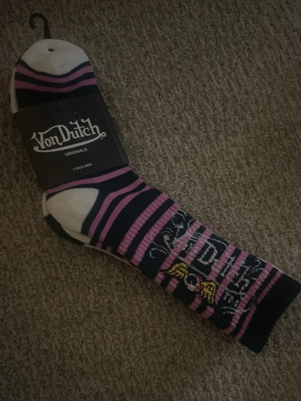 Von Dutch Crew Socks in Pink, Black & White Stripe 3 pairs